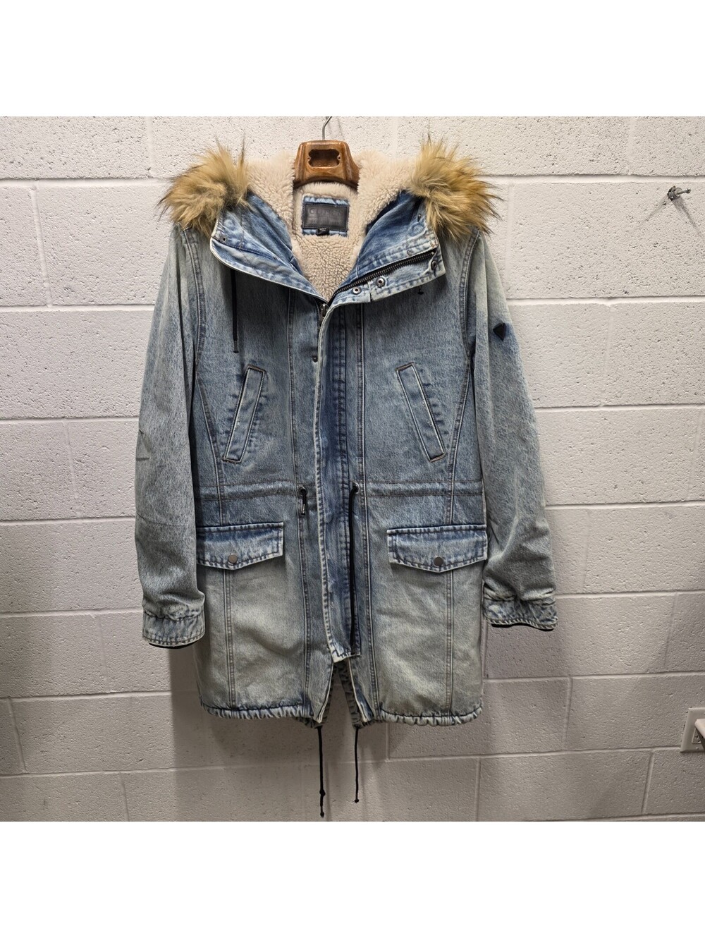 Y2k GUESS Denim Long Coat w/ Faux Fur Trim sherpa lined  Size L Large 25x40